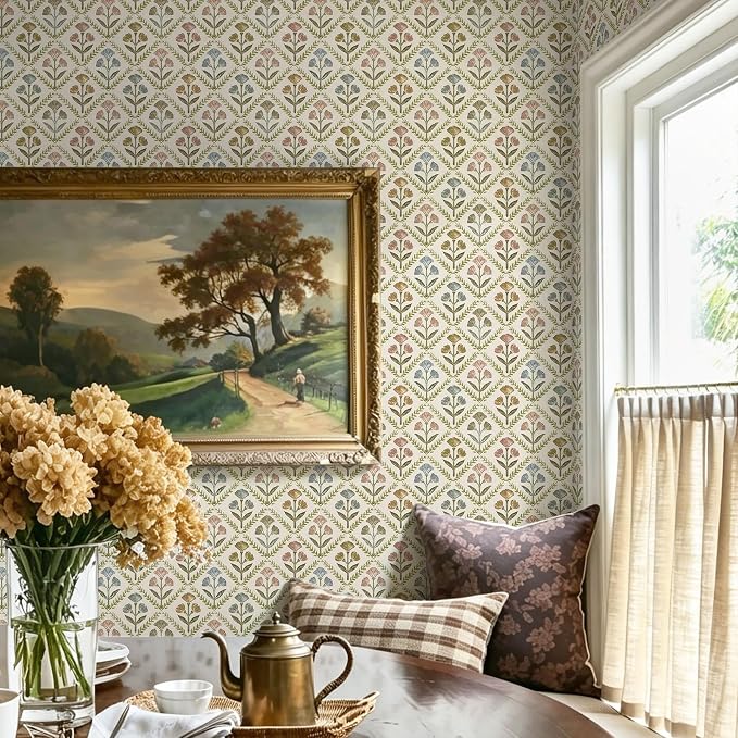 Dimoon Vintage Peel and Stick Wallpaper Retro Botanical Contact Paper Farmhouse Wallpaper Cottage Renter Friendly Removable Geometric Wall Paper for Bathroom Kitchen Textured Vinyl 17.3''x197'' by DIYYOURMOON