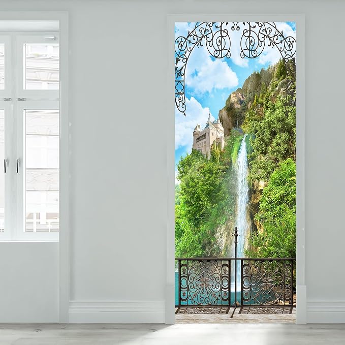 artfanke 3D Door Sticker Peel and Stick 30.3"x78.7" - Castle with Waterfall Self-Adhesive Door Murals Wallpaper Decal for Home Decor (2 Sheets/Set) - Image 2