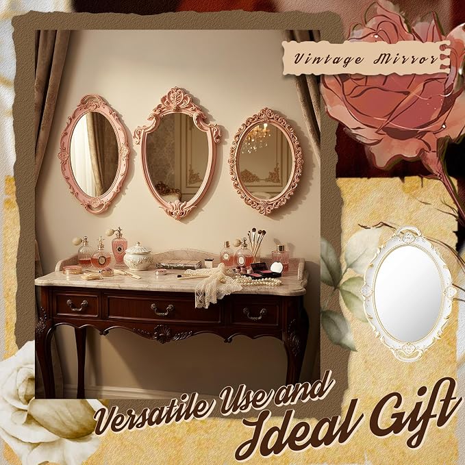 Beeveer 3 Style Vintage Mirrors Set Decorative Oval Wall Mirror Small Antique Mirrored Tray Decorative Hanging Mirror for Bathroom Bedroom Jewelry Organizer Victorian Decor (Shield,Pink) - Image 4