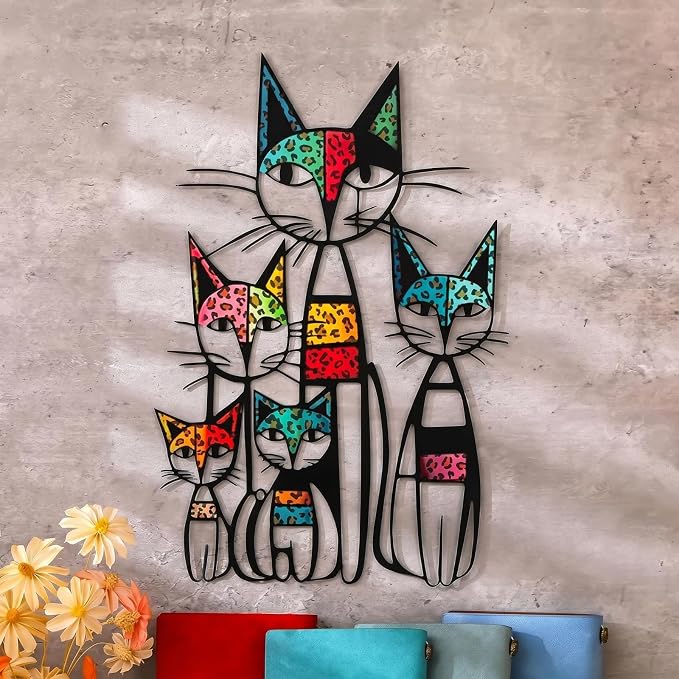 Wesiti Cat Metal Wall Art, 5 Cats Leopard Print Sculpture 10.6"x15.7" | Colorful Mid Century Design for Feline Lovers, Iron Sculptures, Home Living Room Bedroom Kitchen Office Hanging Accent by Unteilti