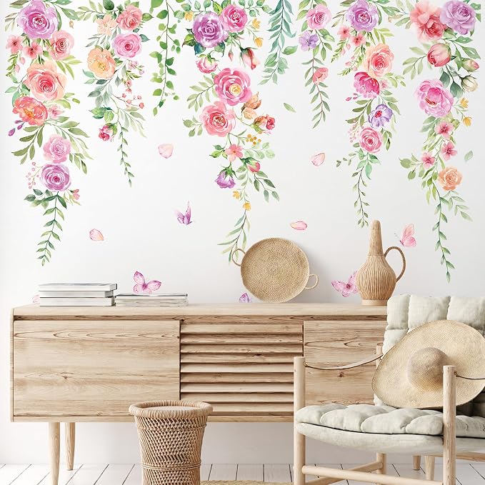 Zonon 6 Pcs Flower Wall Decals Peel and Stick Sticker, Pink Purple Flower | Vinyl Removable Wall Stickers & Mural, Pink Rose Butterfly Wall Decals, Purple Floral Decor for Bedroom, Living Room, Nursery - Image 3