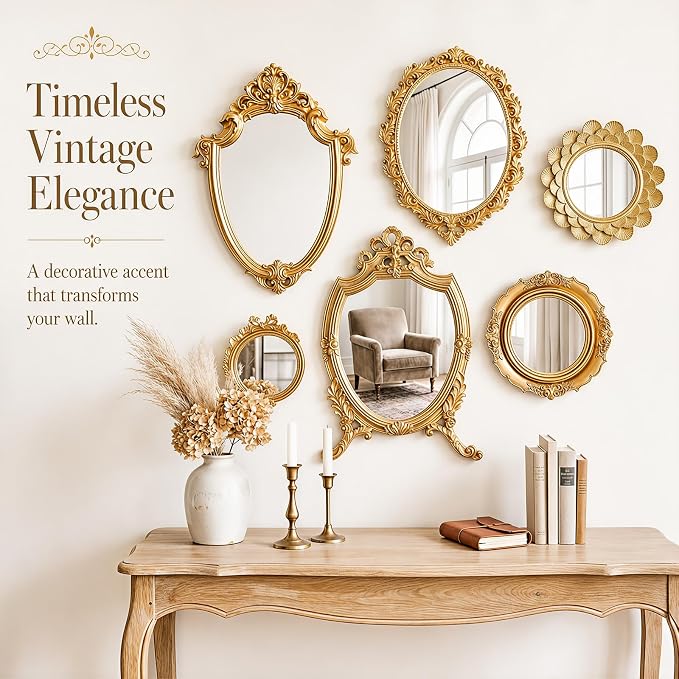 Kathfly 6 Pack Vintage Gold Mirror for Wall Gold Antique Wall Hanging Mirrors for Bedroom Decorative Resin Frame Baroque Style Assorted Sizes Tabletop Tray for Gallery Home Living Room Decor (Round) - Image 6