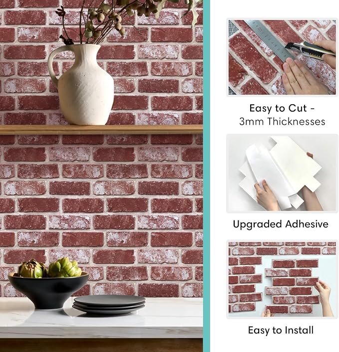 Commomy Faux Brick Wall Panels Peel and Stick Thin PVC 10 Pcs 11.8" x 11.8" | Small Size Thin PVC Quick Wall Covering Home Decor for Kitchen,Fireplace,Home Office (Covers 9.7 sq.ft) - Image 6
