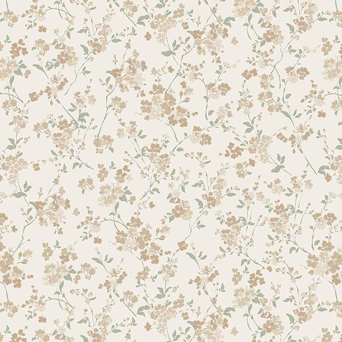 Peel and Stick Wallpaper for Nursery Brown Cherry Blossom Waterproof | 393"×17.3" Latte Brown Floral Vintage Wallpaper Gentle Accent Wall Decor with Grid Lines for Bedroom Vinyl Self-adhesive by Fiula