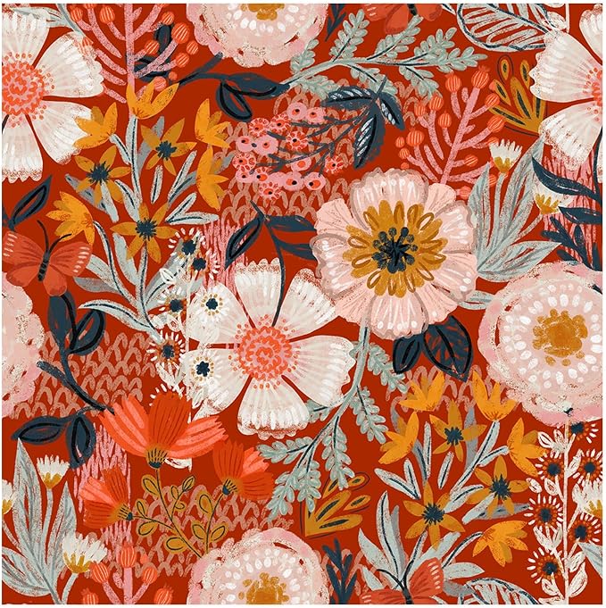 HAOKHOME Red Floral Peel and Stick Wallpaper Bathroom Vintage Contact Paper | Retro Textured Wall Paper Botanical Renter Friendly Removable Orange Flowers Bedroom Accent Decor Wall Mural 17.3in x 9.8ft by HAOKHOME