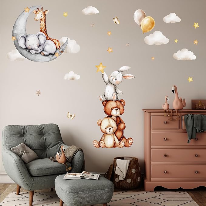 Boho Animals & Moon Wall Decals, Removable Nursery Jungle Animals Balloon Bear Wall Stickers for Kids, Boys and Girls Room, Bedroom, Toddler Room Decor (Animal Stars and Clouds Wall Decor 58) - Image 5