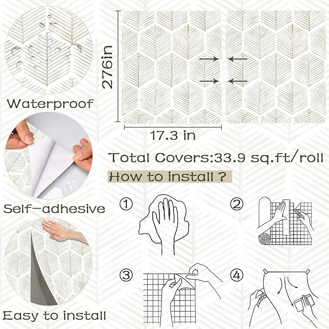 OSECAGE Geometric Peel and Stick Wallpaper Boho Contact Paper 17.3''×276'' | Modern Self Adhesive Wallpaper Removable White and Beige Wall Paper Decorative for Bedroom Bathroom Cabinets Decor Vinyl Roll - Image 3