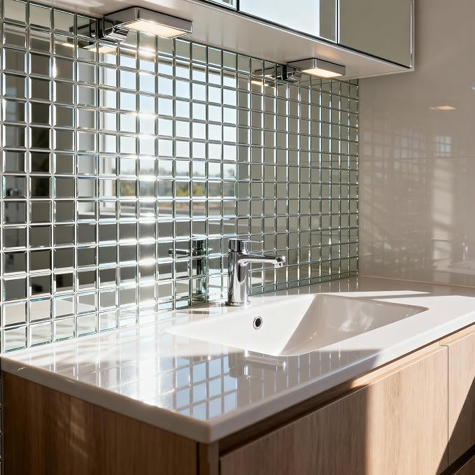 Peel and Stick Mirror Tile 3 x 3 Inch Beveled Square Silver Mirror Glass Tiles for Kitchen Backsplash Bathroom Wall（32 Pcs） - Image 6