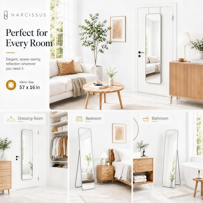 NARCISSUS Full Length Mirror 57x16 Inch, Over The Door Mirror with Stand, Wall Mounted or Freestanding/Door Hanging Full Body, Aluminum Alloy Frame, Silver - Image 4