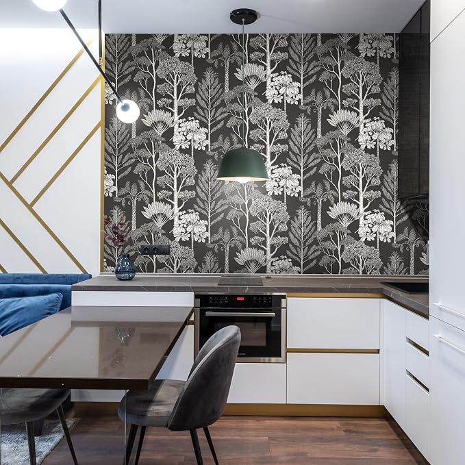 Forest Peel and Stick Wallpaper Boho Tree Black 17.3inW 590.6inL | Vintage Vinyl Self Adhesive Wallpaper, Removable,Easy Match, Moody Dark Bedroom Bathroom Living Room Wall Decor Waterproof - Image 2
