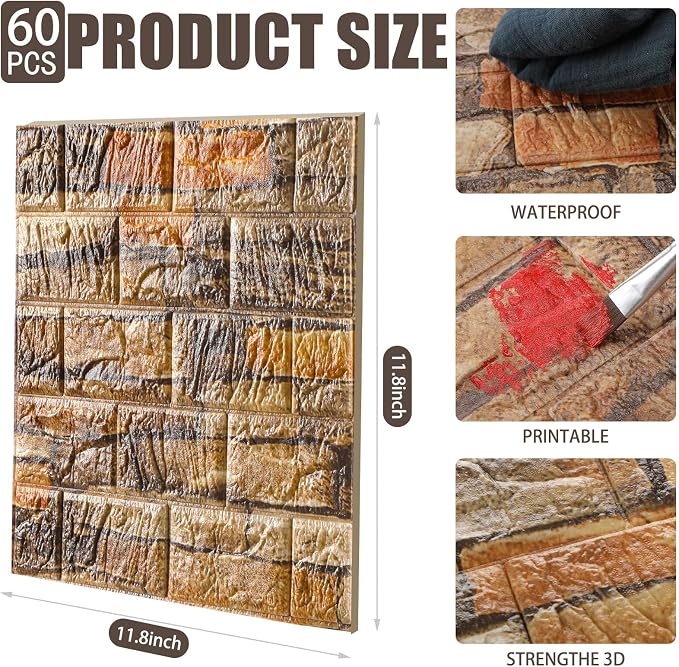 Colarr 60 Pcs 58 Sq ft 3D Wall Panels Peel and Stick Faux Foam 3D Brick Wallpaper Faux Paneling Adhesive Wall Covering Panels Decorative Medieval Tiles Waterproof for Bedroom(Retro Rock Color) - Image 2