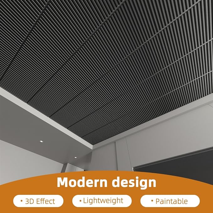 WOWSTAR 24-Pack 24"x24" Drop Ceiling Tiles, Waterproof Glue up PVC Ceiling Panels, Modern Style 3D Slat Wall Panels, Black - Image 2