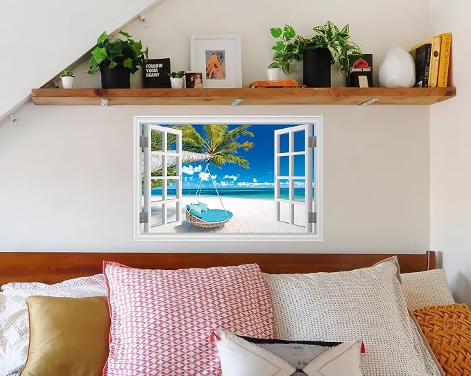 FLFK Fake Window Wall Decal, Tropical Beach Paradise with Turquoise Ocean, White Frame, Peel and Stick, 24 x 16 Inches,for Living Rooms, bedrooms, and Offices - Image 5