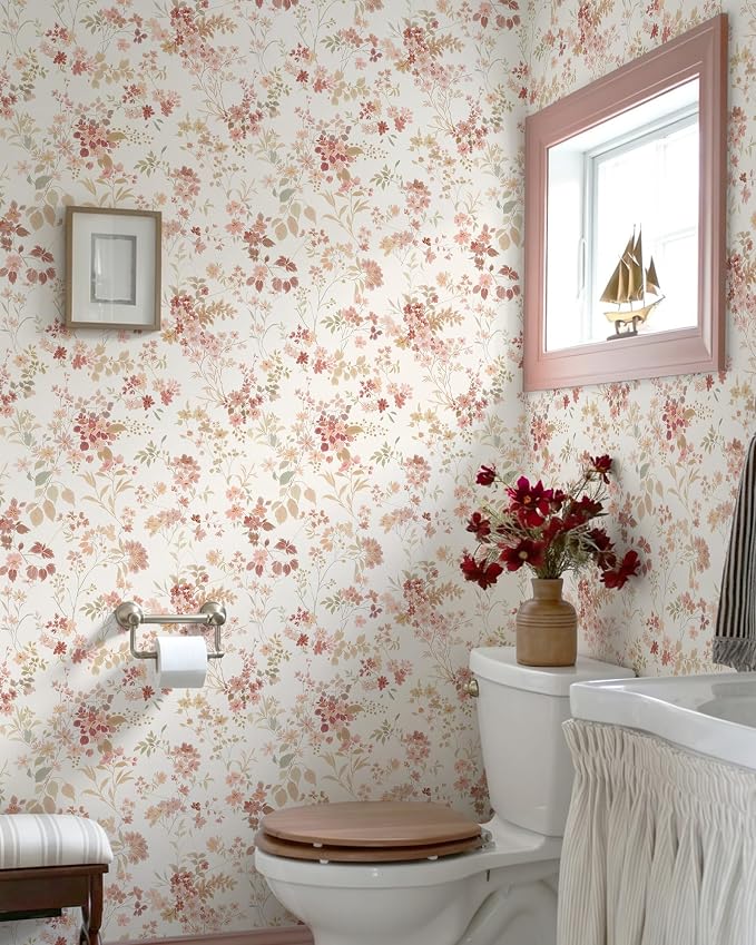 Dimoon Boho Peel and Stick Wallpaper Pink Floral Contact Paper 17.3x78.7in |Vintage Flower Leaf Botanical Renter Friendly Removable Self Adhesive Stick on Wall Paper Decor for Bathroom Bedroom Vinyl - Image 8