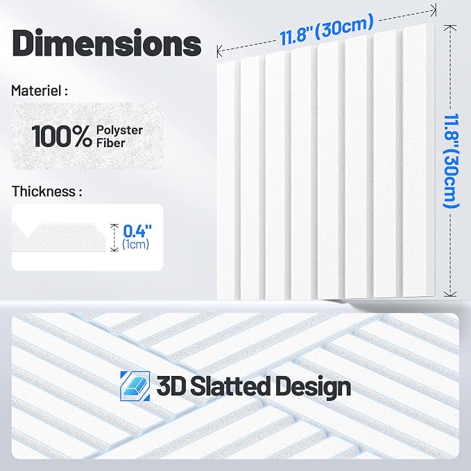 12 Pack Sound Proof Foam Panels for Walls, Acoustic Panels Self-Adhesive | 12" X 12" X 0.4" Slatted Soundproof Wall Panel, High Density Sound Absorbing Panel for Gaming Recording Studio Decor-White - Image 7