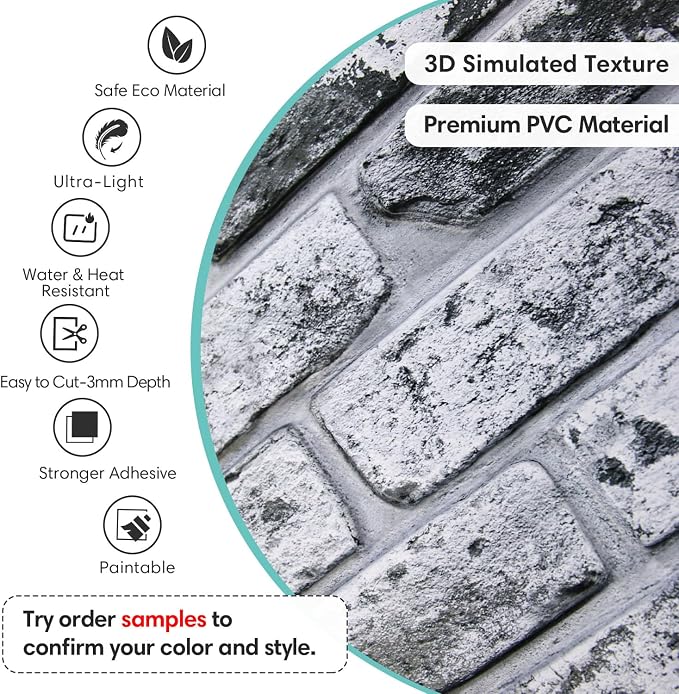 Commomy Faux Brick 3D Wall Panels Peel and Stick 12 pcs of 22.8" x 11.8" | Thin & UrltraLight PVC Printable Wash Grey Brick Wall Panels for Bedroom,Living Room,TV Background (Covers 22.48 sq.ft) - Image 4