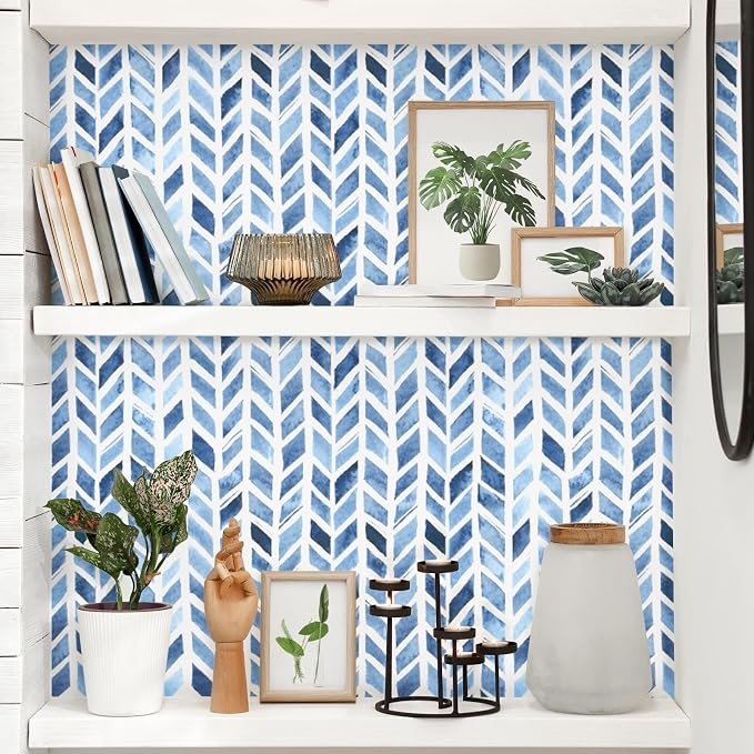 RUSPEPA Herringbone Peel and Stick Wallpaper, Blue Coastal Chevron Design, Modern Geometri Self-Adhesive Waterproof Contact Paper for Accent Wall, Bedroom, Modern Home Décor, 17.3 Inch x 6.5 Feet - Image 2