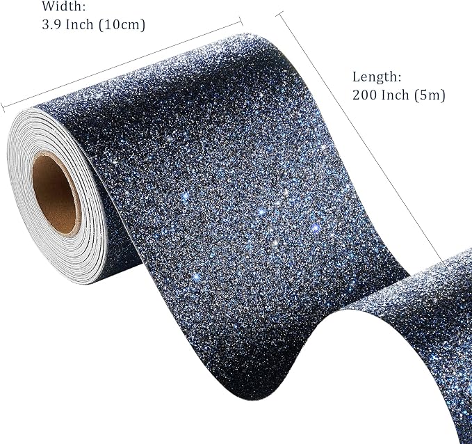 FunStick Galaxy Blue Black Glitter Wallpaper Border Peel and Stick Wall Border Self Adhesive Sparkle Black Wallpaper Decorative for Bedroom Bathroom Mirror Border Trim Glitter Contact Paper 3.9"x200" - Image 6