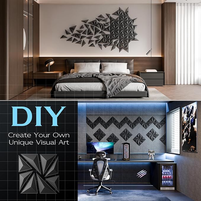 33-Pack 3D Wall Panels, 129" x 35", Black | Textured Geometric Design, PVC Material, Easy Install & Paintable, For Living Room, Bedroom, Bathroom, Office - Image 3