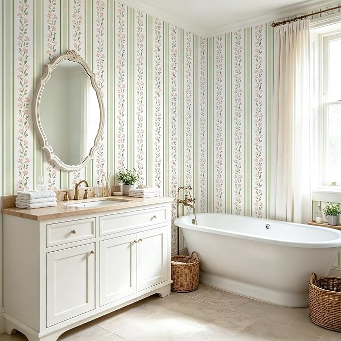 Safiyya Wallpaper Peel and Stick Stripe Floral Wall Paper Removable Green Pink Contact Paper 17.7''x78.7'' Waterproof Self Adhesive Vinyl Boho Wallpaper for Bedroom Living Room Decor - Image 7