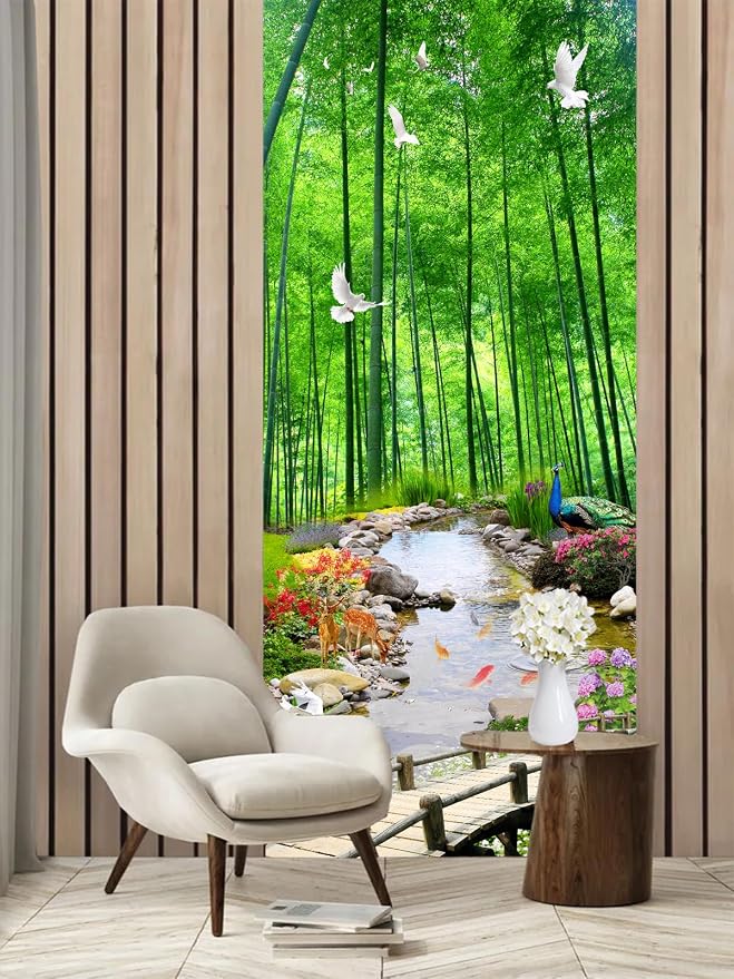 artfanke 3D Door Sticker Peel and Stick 30.3"x78.7"-Self-Adhesive Door Wallpaper Mural Decal-Green Bamboo Forest Doves Wall Poster for Bedroom Home Office Decor (2 Sheets/Set) - Image 3