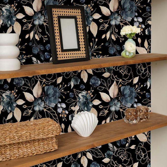 Black Gold Floral Peel and Stick Wallpaper 17.7"x393.3" | Removable thick vinyl, dark botanical design with navy blue flowers, bedroom, bathroom, renter friendly accent walls - Image 5