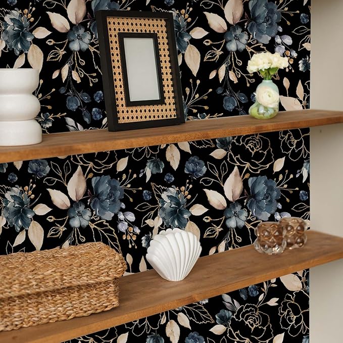 Black Gold Floral Peel and Stick Wallpaper 17.7"x118" | Removable thick vinyl, dark botanical design with navy blue flowers, bedroom, bathroom, renter friendly accent walls - Image 5