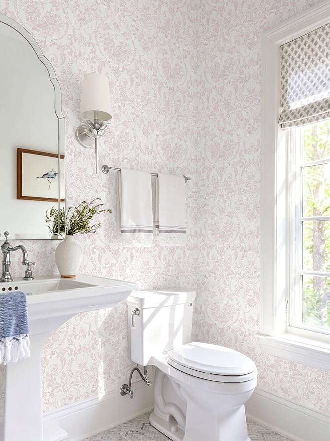 Peel and Stick Wallpaper for Bedroom Pink Damask Floral Self-Adhesive | 393"×17.3" White & Pink Vintage Scroll Removable Waterproof Vinyl Wall Decor for Bathroom, Nursery, Furniture Refinish - Image 3