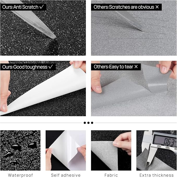 FunStick 3.9"x472" Black Glitter Border Wallpaper Peel and Stick Black Wallpaper Border Removable Wall Paper Borders Self Adhesive Glitter Contact Paper for Bedroom Bathroom Mirror Frame Borders Decor - Image 4