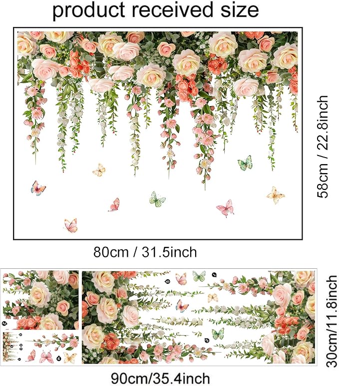 Vivid Roses Wall Stickers, Hanging Vine Floral Wall Decals Butterfly Sticker, Peel and Stick Wallpaper for Baby Nursery Girls Bedroom Living Room Decor - Image 2