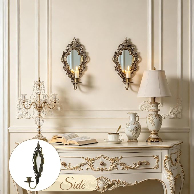SOFFEE DESIGN Set of 2 Antique Gold Wall Sconces, Vintage Candle Holder with Distressed Mirror & Ornate Frame, for Taper Candles in Bedroom Hallway Decor - Image 7