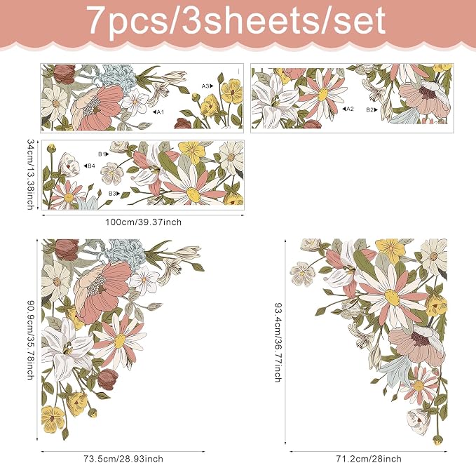 Large Pink Flowers Wall Decals, Colorful Floral Botanic Wall Stickers, Spring Peel and Stick Wallpaper for Girls Bedroom Nursery Classroom Living Room Wall Decor - Image 2
