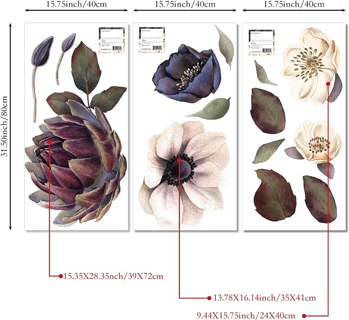 Peel and Stick Floral Wall Decals DIY for Bedroom Living Room | Large Dark Moody 8 Flowers Fabric Wall Stickers, Self-Adhesive Freestyle Layout, Largest 15.35"x28.35" Peony Rose - Image 4