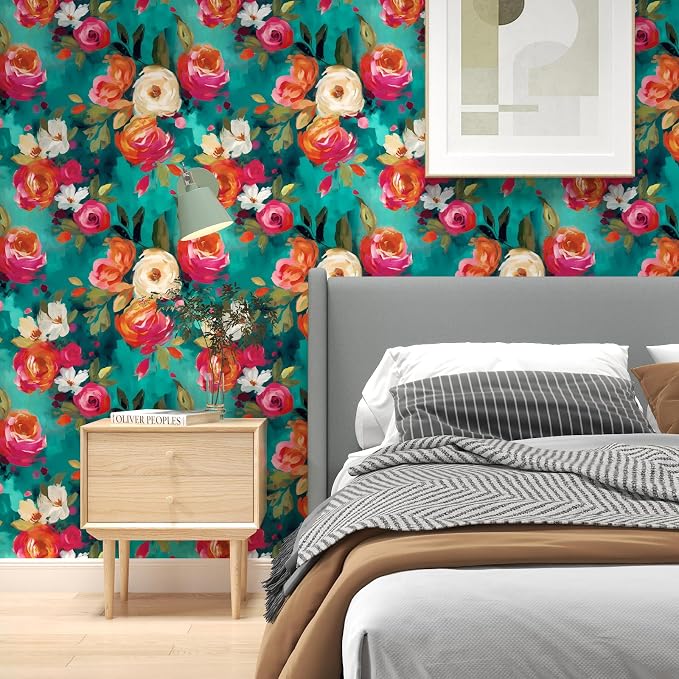BOKEBEVE Floral Wallpaper Peel and Stick Boho Teal Blue 17.5 x 787In | Super Long Removable Renter Friendly Vibrant Watercolor Wall Paper for Bedroom Bathroom Living Room Feature Accent Wall - Image 3