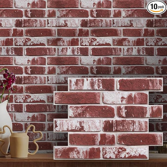 3D Peel and Stick Faux Brick Wall Panels 15.7" x 11.8" 10-Pack | Whitewashed Red, Brick-Look Textured Sticker, Thin Lightweight PVC Self Adhesive Tiles for Interior Decor, Cover 12.9 sq ft by SMOOSTIKCDECOR