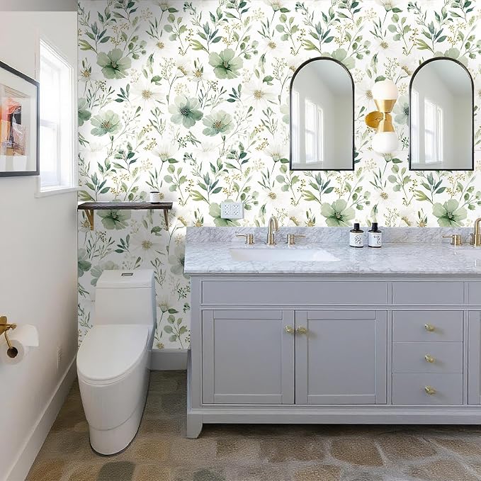 Sage Green Floral Peel and Stick Wallpaper 17.7" x 118" | Thick removable watercolor natural flower design for renters and bedroom accent walls - Image 6