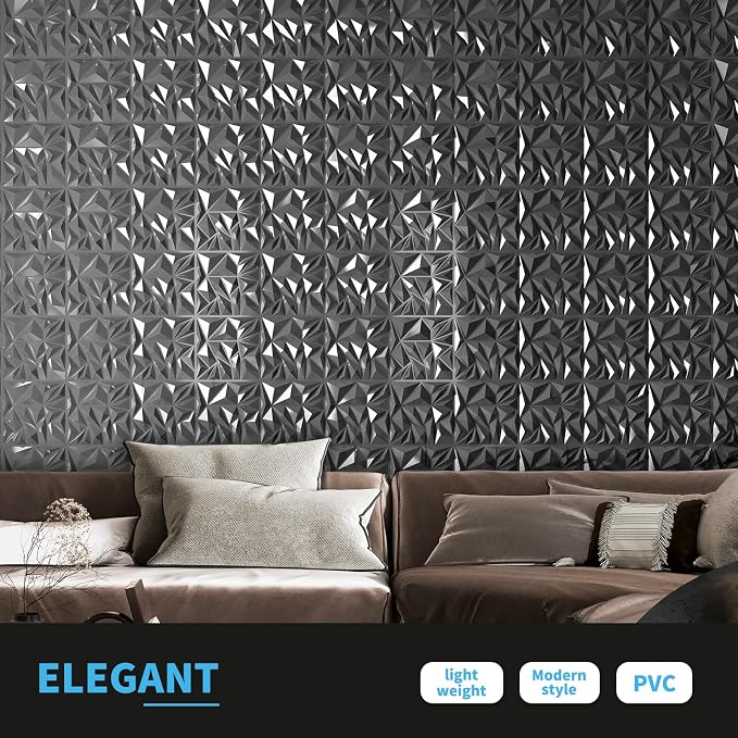 Art3d 33-Pack Modern Diamond Textured 3D Wall Panels, 12 x 12 in, Silver | Light PVC, Waterproof, Scratch Proof, Decorative Wall, Ideal for Home, Office & Commercial Spaces - Image 2