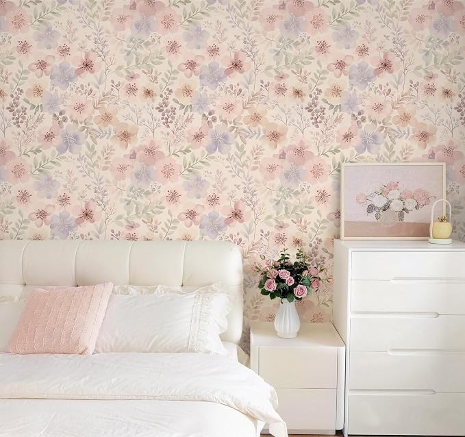 Guvana Peel and Stick Wallpaper Pink Floral Wall Paper French Country Vintage Contact Paper Neutral Botanical Self Adhesive Removable Wallpaper for Living Room Cabinet Stairwell Bedroom 17.3"×78.7" - Image 4