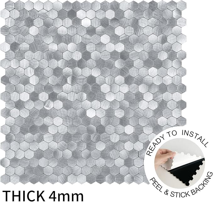 Select 5 Pack Hexagon Peel and Stick Backsplash Tiles, Brushed Nickel | Self Adhesive Metal Backsplash Stick On Aluminum Tiles for Kitchen Bathroom, 12” x 12” Wall Tiles w/10 Edge Pieces - Image 4