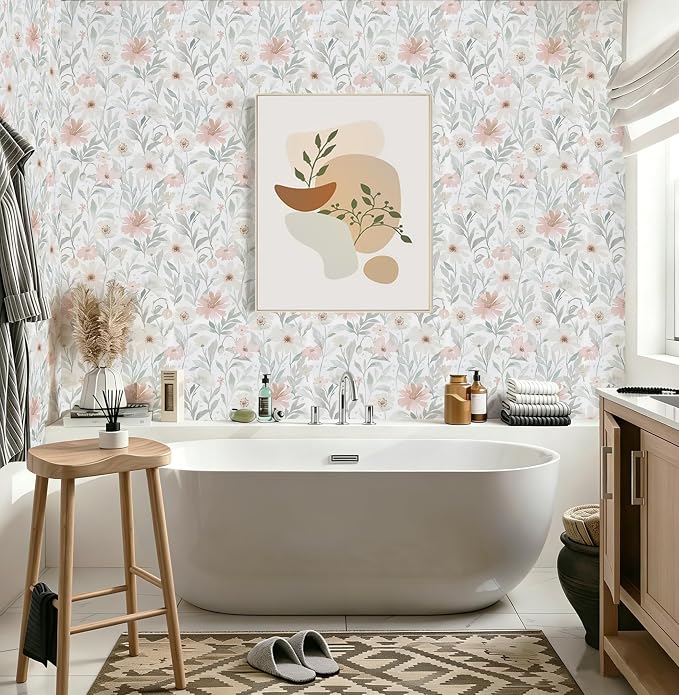Peel and Stick Wallpaper Pink and Green Floral Wall Paper French Country Vintage Contact Paper Neutral Botanical Self Adhesive Removable Wallpaper for Kitchen Living Room Bathroom Bedroom 17.3" × 394" - Image 4