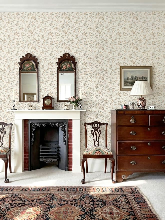 Peel and Stick Wallpaper for Nursery Brown Cherry Blossom Waterproof | 393"×17.3" Latte Brown Floral Vintage Wallpaper Gentle Accent Wall Decor with Grid Lines for Bedroom Vinyl Self-adhesive - Image 5
