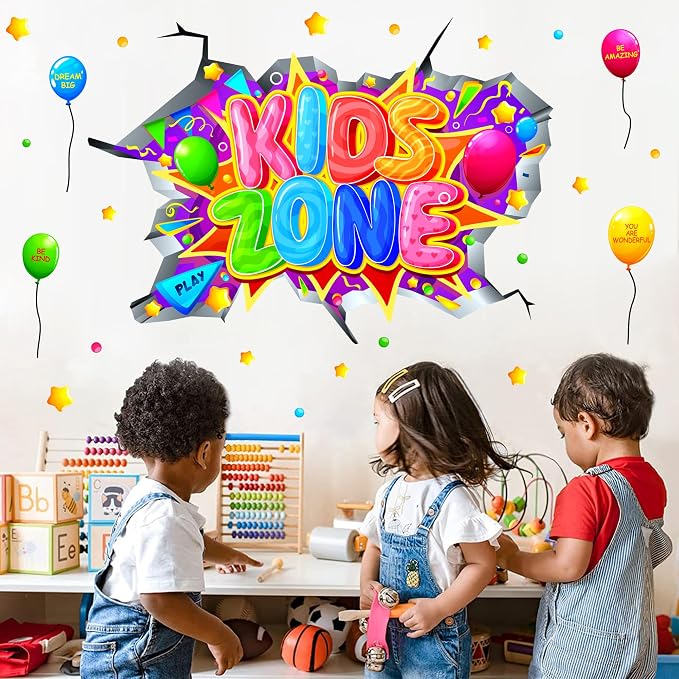 Kids Playroom Wall Decals Colorful Kids Zone Signs 3D Broken Wall Stickers | Multicolor inspirational quotes, kids room signs, peel and stick, removable vinyl art murals, for classroom nursery bedroom - Image 2