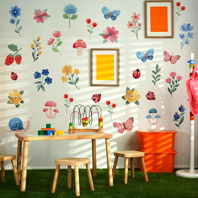 Flowers Wall Decals - Peel and Stick Cute Flowers, Plants and Small Animals Wall Stickers, Removable Bright Colors Floral Wall Decor for Kids Bedroom, Living Room, Nursery Decor Wall Corner Decor - Image 6