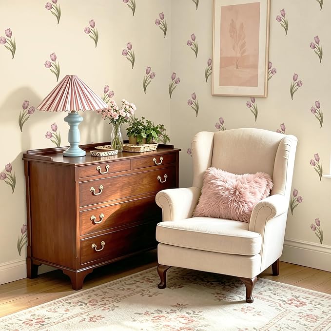 Safiyya Vintage Floral Peel and Stick Wallpaper Retro Tulip Flower for Gilrs Room Contact Paper for Cabinets Self Adheisve Removable Wallpaper for Bedroom Accent Wall 17.3''x78.7'' - Image 2