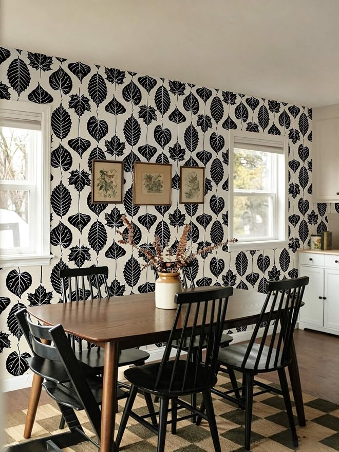 Dimoon Modern Peel and Stick Wallpaper Black and Cream Leaf Contact Paper Botanical Wallpaper Vintage Renter Friendly Removable Geometric Wall Paper for Bedroom Kitchen Textured 17.3''x197'' - Image 4