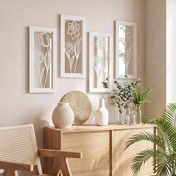 ZEXUIRU 4 Set Rustic Wall Mirrors for Bedroom Bathroom Living Room Entryway Wood Farmhouse Rectangular Easy to Hang Framed Decorative Accent Hanging Wall-Mounted Mirror Set for Living Room - White - Image 3