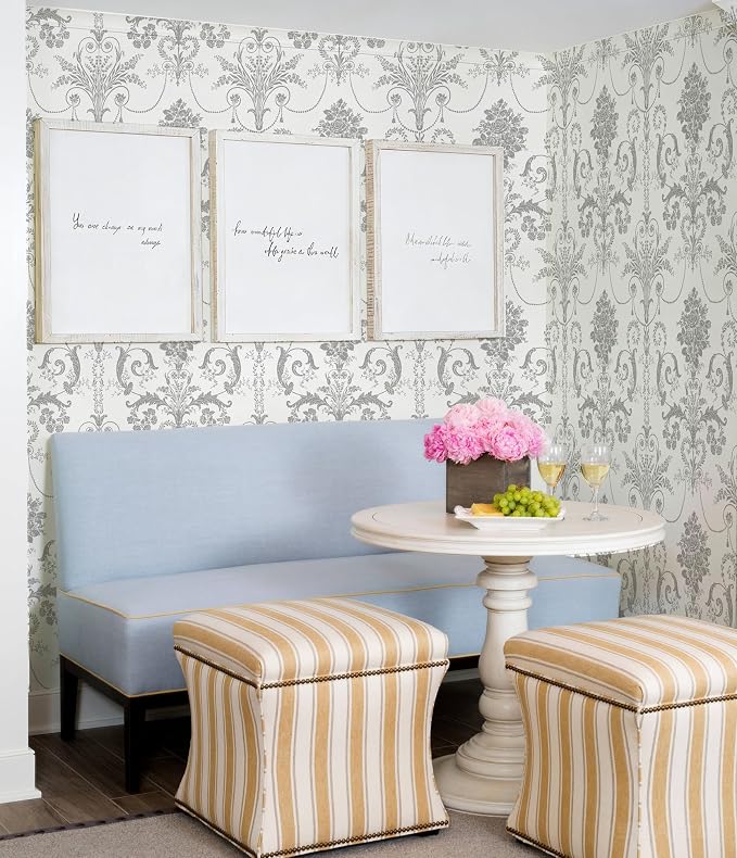 Silver Gray Removable Wallpaper Damascus Floral Peel and Stick Wallpaper | 17.3" X 118" Boho Grey Flower Contact Paper Self Adhesive Wallpaper Damask Floral Decorative Wallpaper for Bedroom Covering - Image 8
