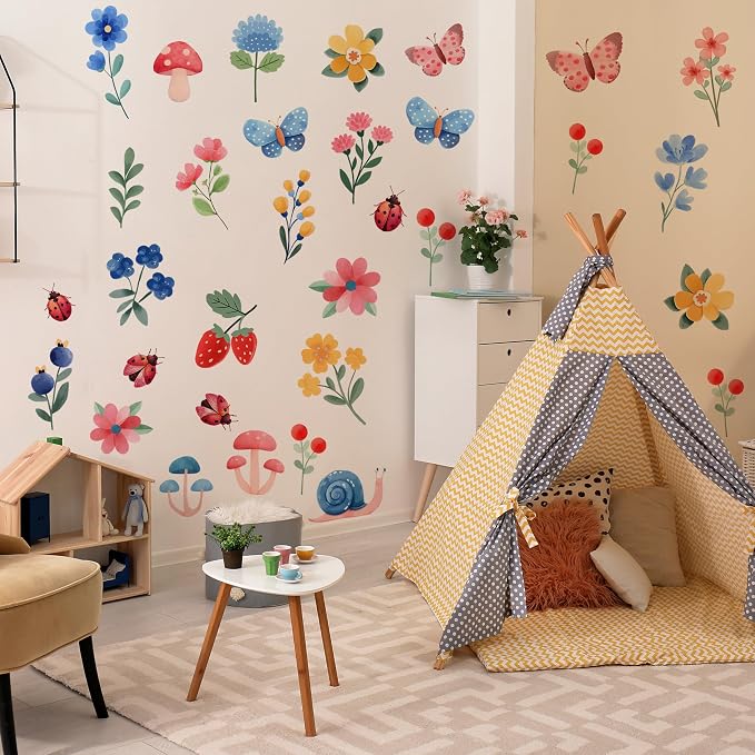 Flowers Wall Decals - Peel and Stick Cute Flowers, Plants and Small Animals Wall Stickers, Removable Bright Colors Floral Wall Decor for Kids Bedroom, Living Room, Nursery Decor Wall Corner Decor - Image 7