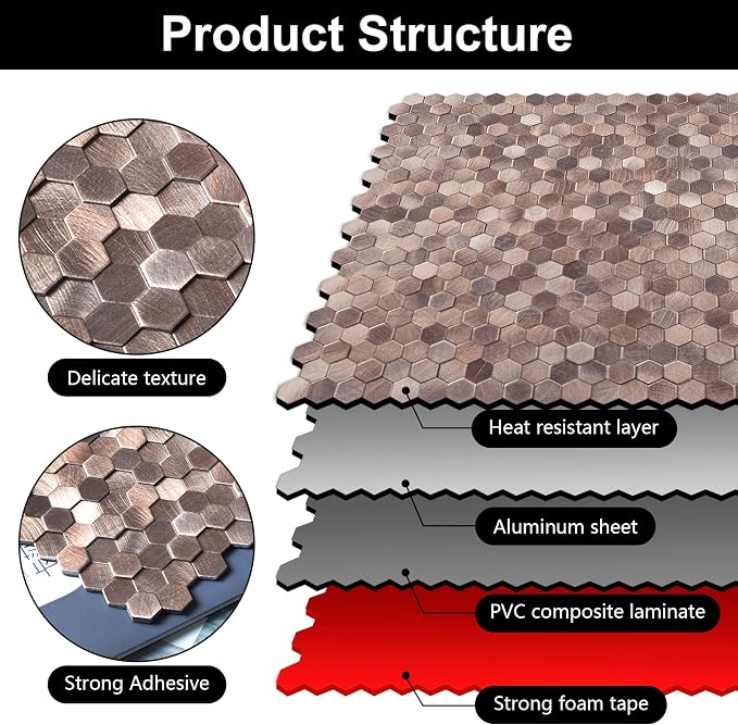 KASARO Peel and Stick Backsplash Tiles, 12" x 12" 3D Pink Hexagon Metal Mosaic Wall Panel, Self-Adhesive Waterproof Kitchen Backsplash for Bathroom, Fireplace, Living Room Decor, 8 Pack - Image 7