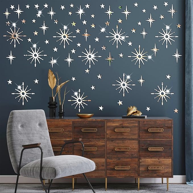 Star Wall Decals MCM Starburst Stickers Silver Mirror Decal Peel and Stick | Celestial decor, sparkle wall stickers, modern mid century decor, removable art mural, for kids bedroom living room farmhouse - Image 7